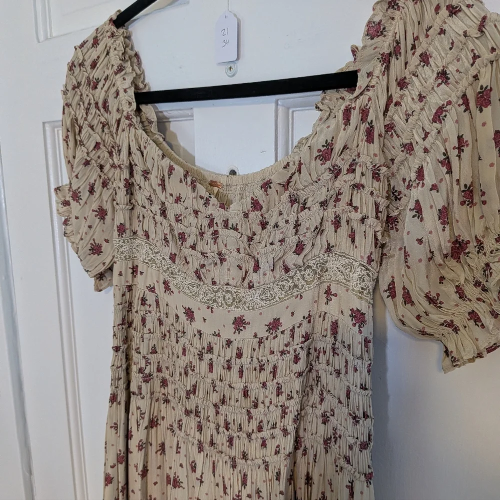 Free People Bali Juniper Smocked Boho Maxi Dress Floral Puff Sleeve - Picture 5 of 6